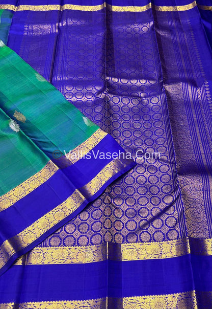 Pure Kanchipuram Silk Saree - Double Tone Peacock Bluish green with Blue Shade - VVPS014