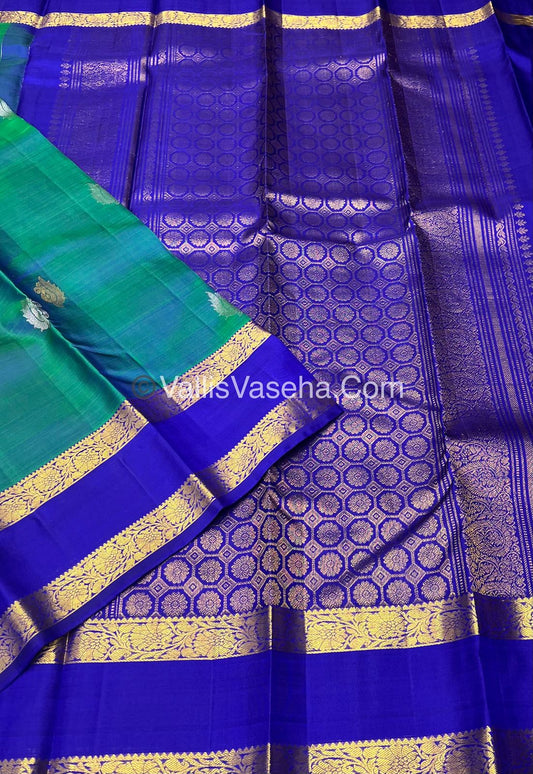 Pure Kanchipuram Silk Saree - Double Tone Peacock Bluish green with Blue Shade - VVPS014