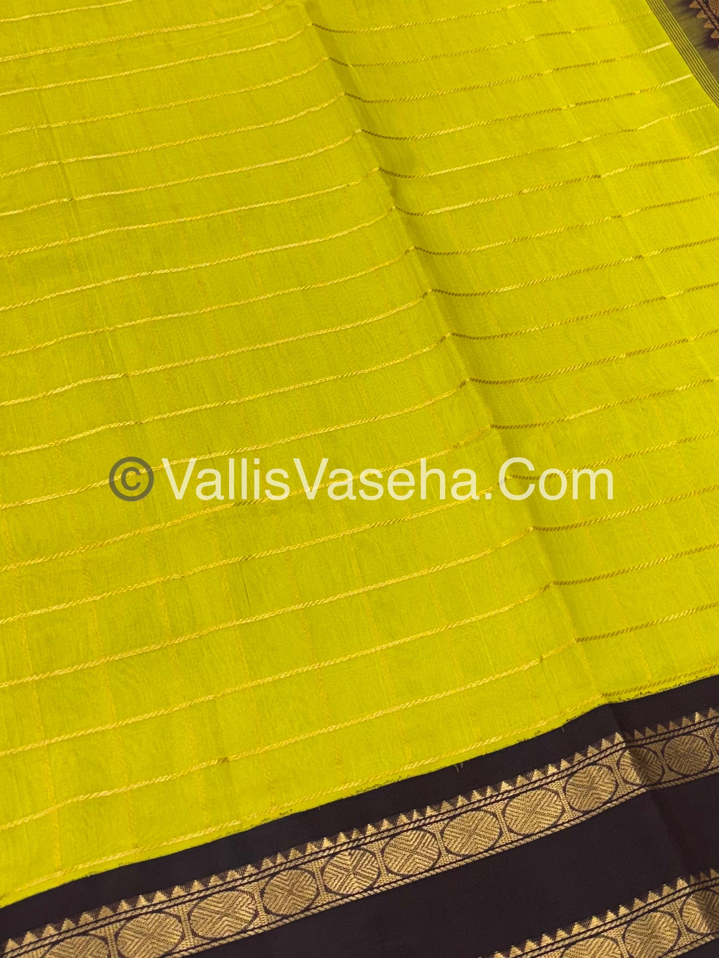 Pure Korvai Silk Cotton With Retta Petta Border - Checks pattern - Lemon Green & Coffee Brown - VVKSC013