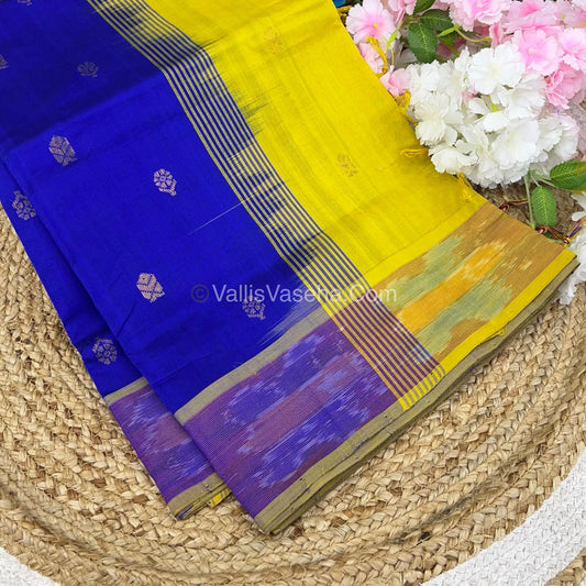 Semi Silk Cotton Saree -  Blue & Lemon Yellow - VVSSC001