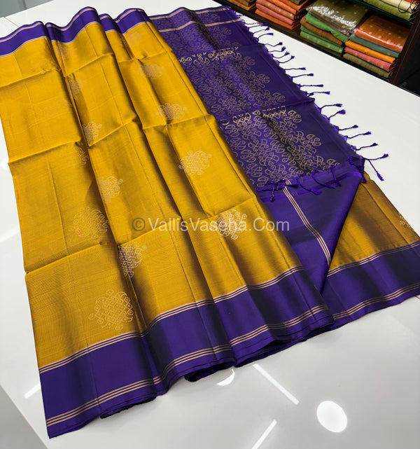 Pure Soft Silk Saree - Kolam Design Mustard yellow with purple shade - VVPSS074