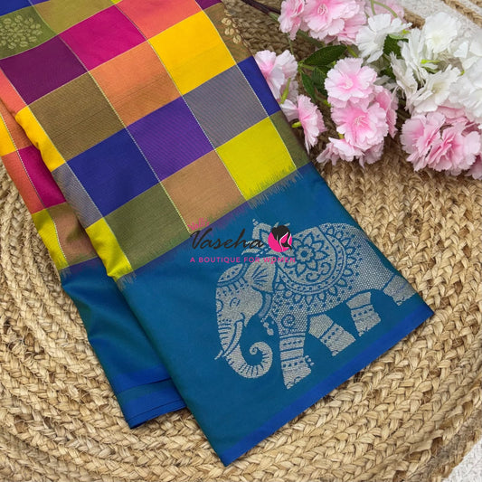 Semi Soft Silk  - Madras Checks Pattern - Peacock Blue Shade  - VVSSS042