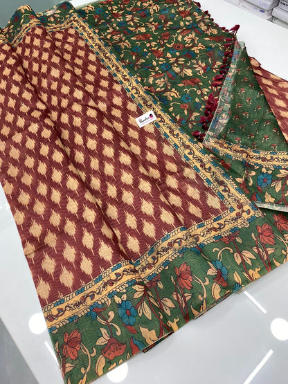 Chanderi Mixed Cotton Saree - Ikkat & kalamkari design  - VVCC002