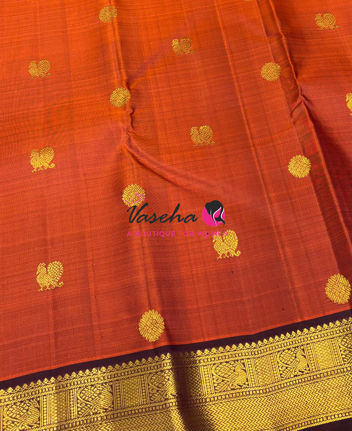 Pure Kanchipuram Silk Saree - Rust Orange & Wine Brown Combo - VVPS025