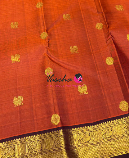 Pure Kanchipuram Silk Saree - Rust Orange & Wine Brown Combo - VVPS025