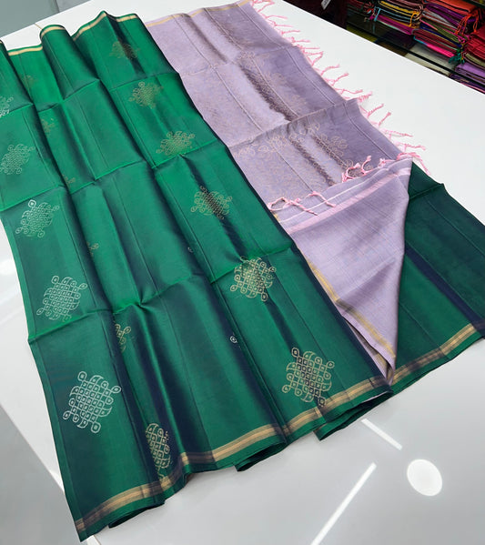 Pure Soft Silk Saree - Kolam Design - Green & Light Pink Lavendar Shade - VVPSS056