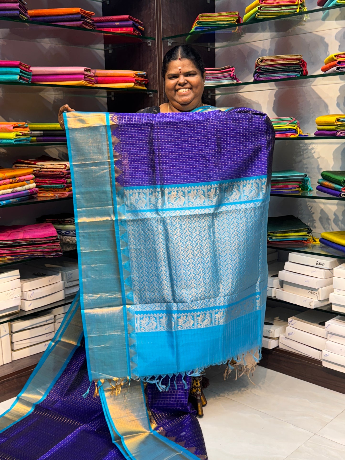 Pure Korvai Silk Cotton - Lakshadeepam Design - Short and Long border - VVKLD003
