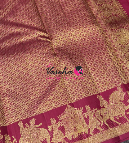 Pure Kanchipuram Silk Saree - Pallaku Design Self Border- Maroon Shade  - VVPS090