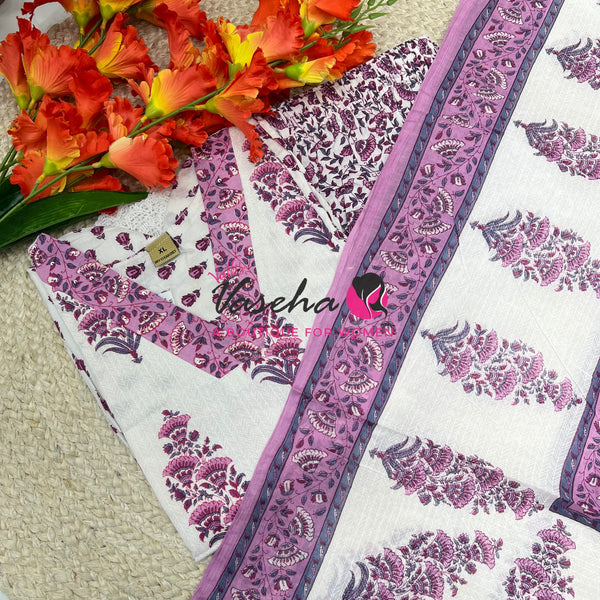 Ready Made | Anarkali |Salwar, Kameez & Duppatta(3pc)|Cotton |White & Lilac(Purple) - VVAS010