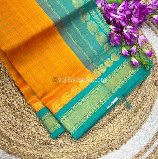 Pure Korvai Silk Cotton - Mango Yellow with Blue - Checks Pattern - VVKSC008