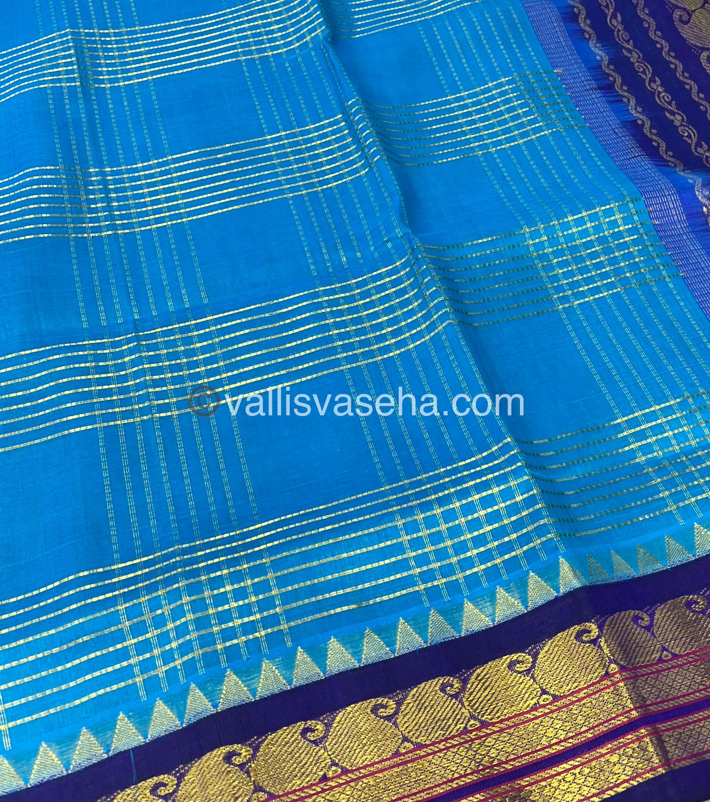 Pure Korvai Silk Cotton - Zari checks lines - Blue & Blue Combo - VVKSC010