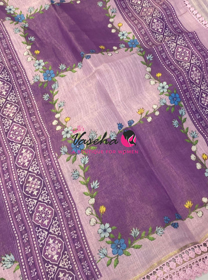Linen Tissue Saree -  Light & Dark Combo - Lavender  Shade - VVLTS005