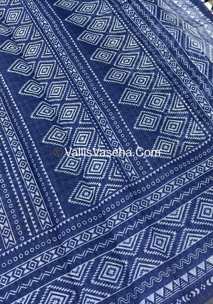 Linen Mixed Cotton Saree - Indigo Blue - Printed - VVLMP001