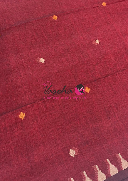 Bengal Kaddhi Cotton Saree | VVBKC001 |Maroonish Red