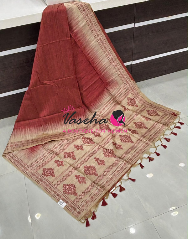 Semi Jute Silk Saree - Red With Cream Shade - VVSJS003
