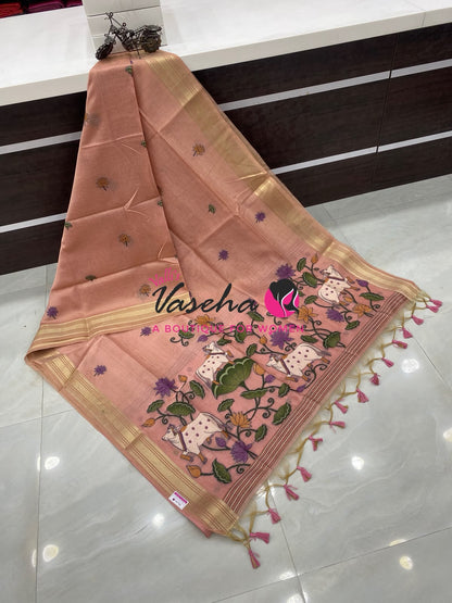 Muga Tissue Linen Saree - Pink Shade - VVMLT003