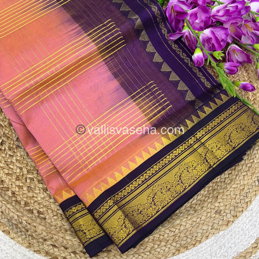 Pure Korvai Silk Cotton - Zari checks lines - Pink Gold & Violetish Purple Combo - VVKSC010