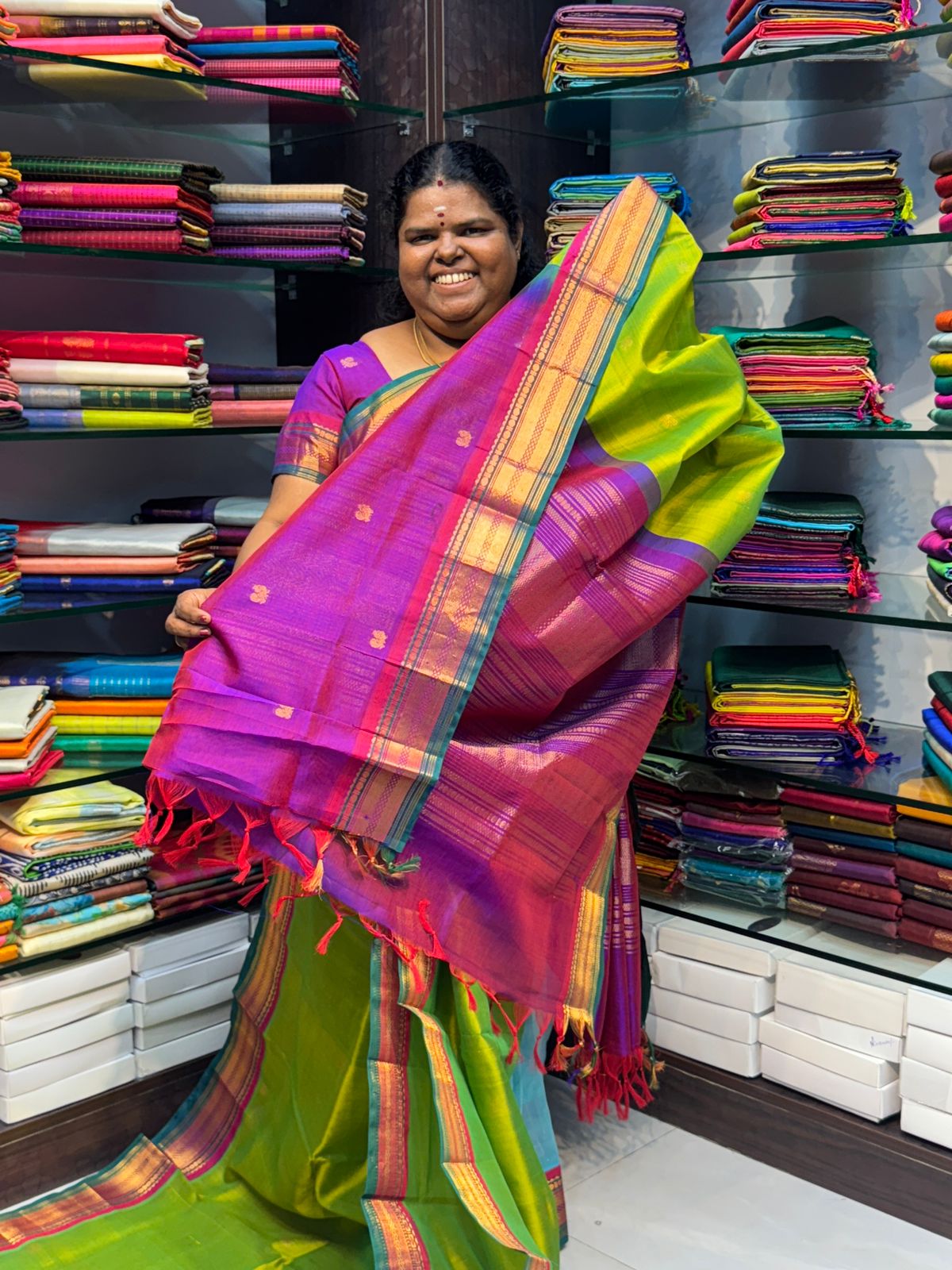 Pure Korvai Silk Cotton Saree - Sneha Green With  Purple Combo - VVKSC004