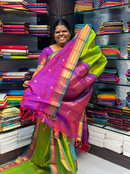 Pure Korvai Silk Cotton Saree - Sneha Green With  Purple Combo - VVKSC004
