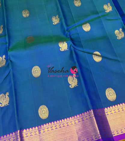 Pure Kanchipuram Silk Saree - Peacock Blue & Purple Combo - VVPS025