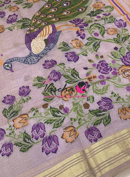 Muga Tissue Linen Saree - Lavender Shade - VVMLT001