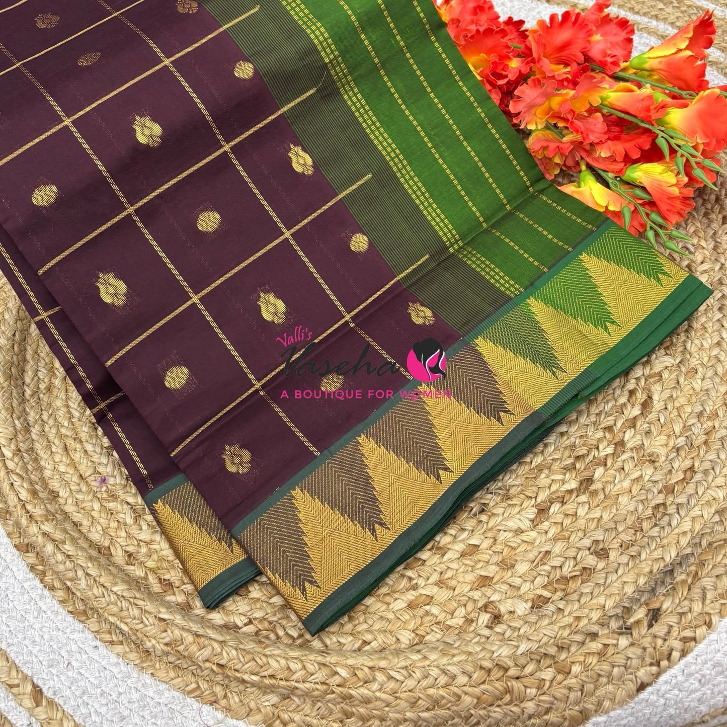 Semi Silk Cotton Saree - Checked Pattern with Butta  - VVSSC012