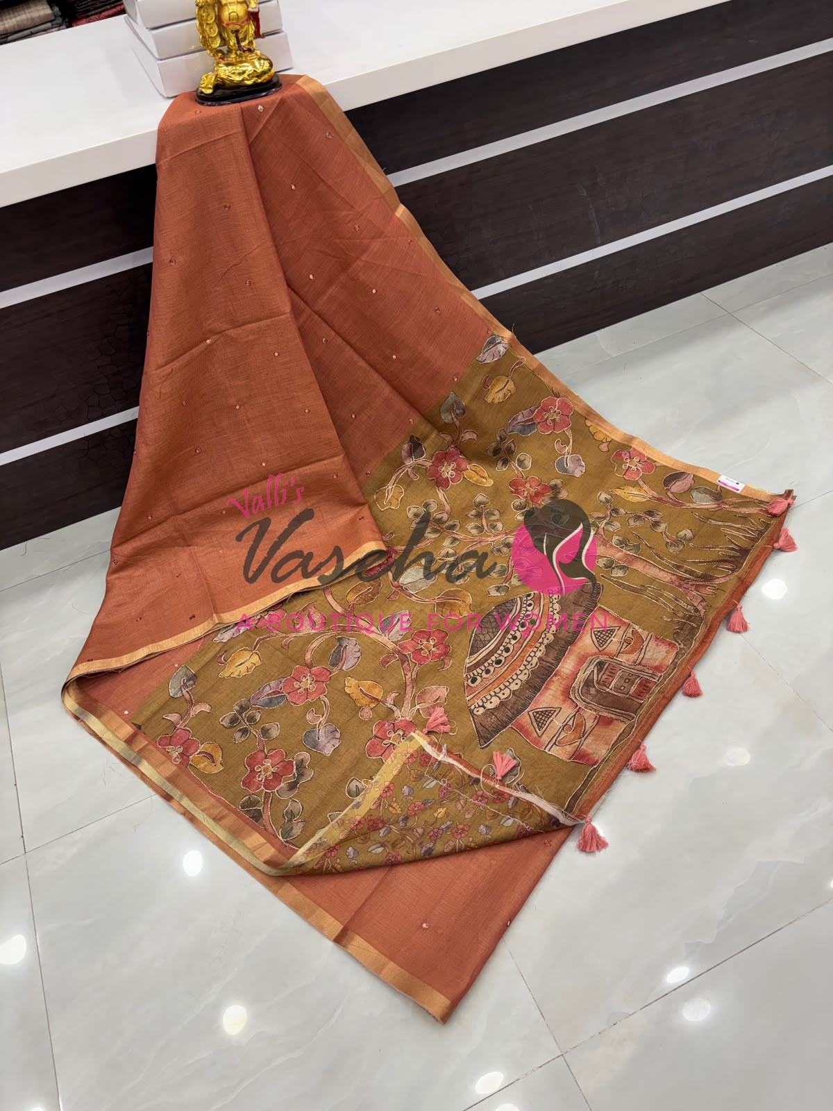Linen Tissue Saree - Mirror Work Embroidery - Peach With Mustard Yellow Shade - VVLTS001