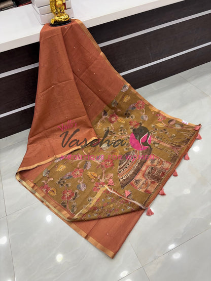 Linen Tissue Saree - Mirror Work Embroidery - Peach With Mustard Yellow Shade - VVLTS001