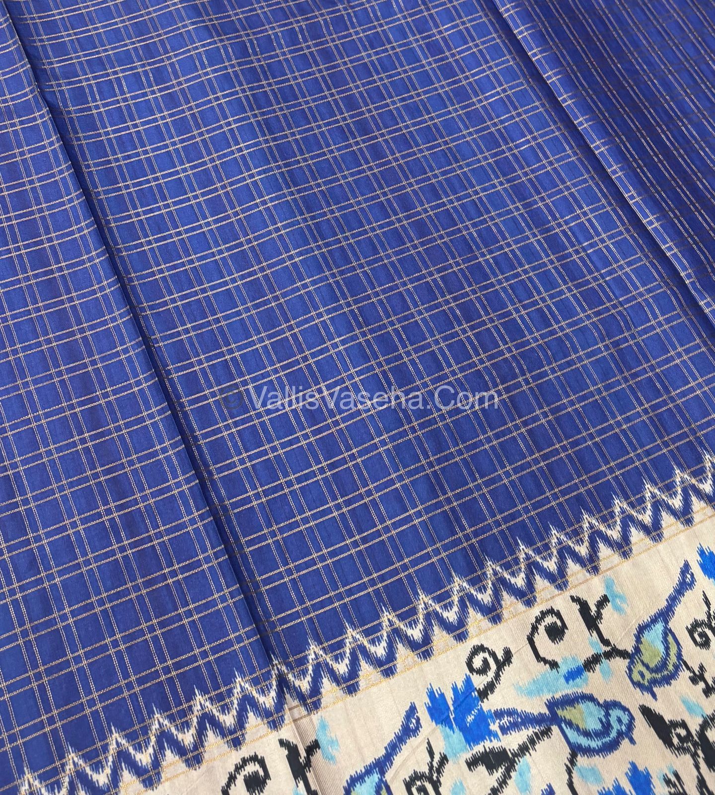 Semi Tussar Silk - Royal Blue With Cream Shade  - VVSTS039