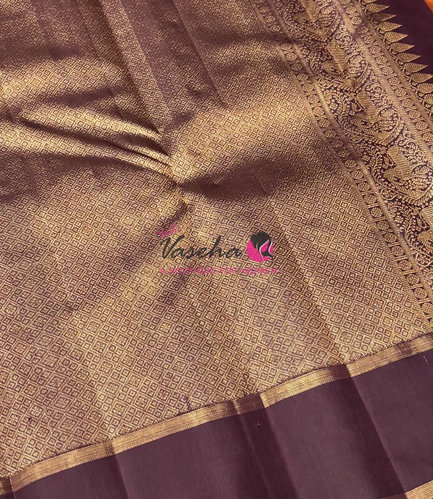 Pure Kanchipuram Silk Saree - Rust Orange With Wine Brown - VVPS051
