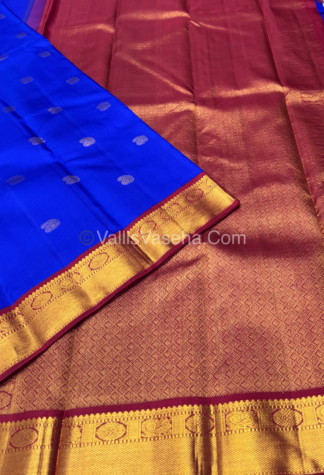 Pure Vintage Korvai Kanchipuram Silk Saree - Blue & Maroon Combo - VVPS006
