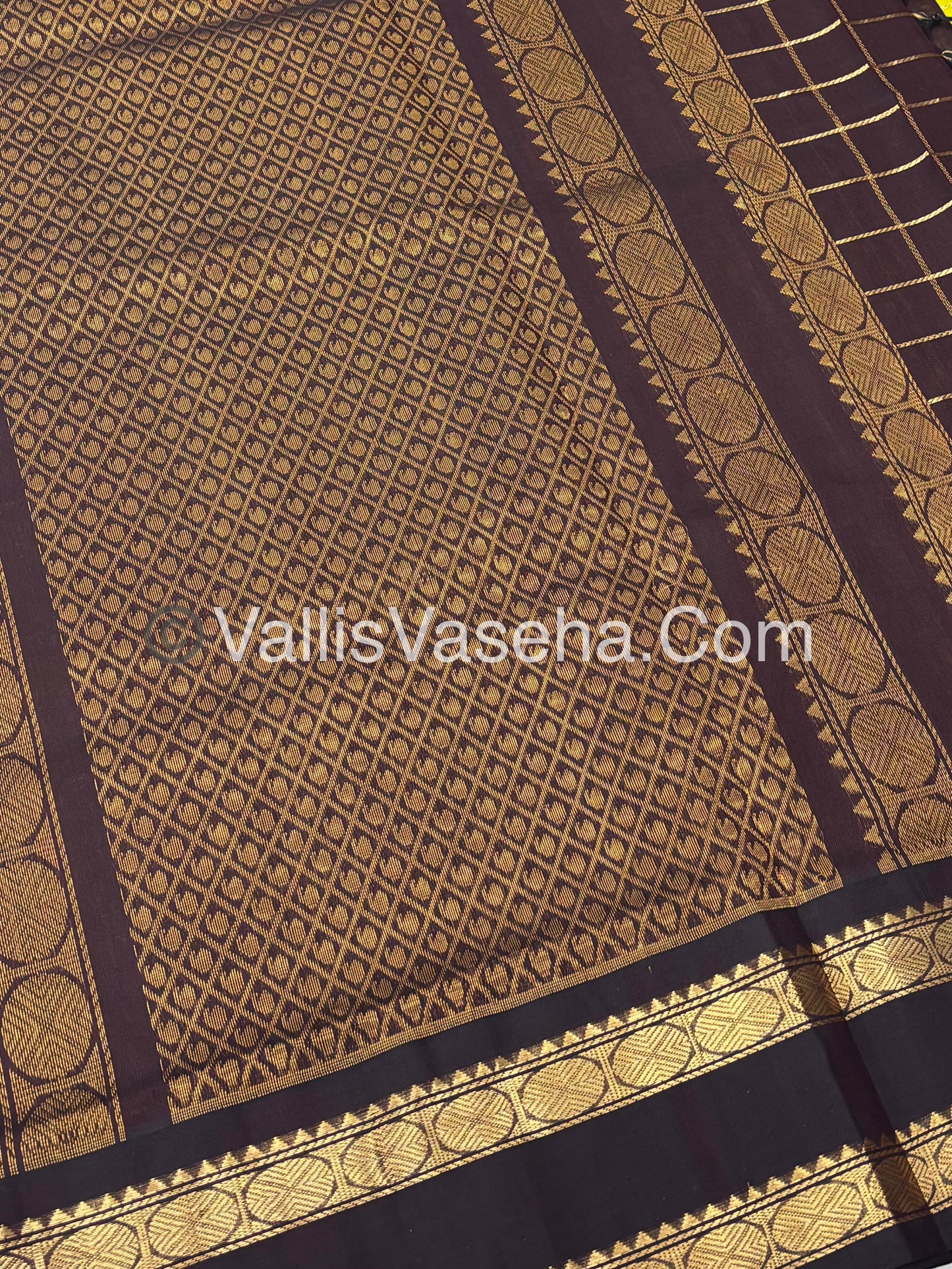 Pure Korvai Silk Cotton With Retta Petta Border - Checks pattern - Lemon Green & Coffee Brown - VVKSC013