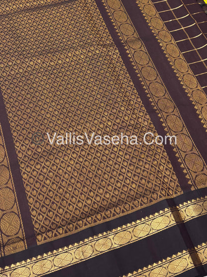 Pure Korvai Silk Cotton With Retta Petta Border - Checks pattern - Lemon Green & Coffee Brown - VVKSC013