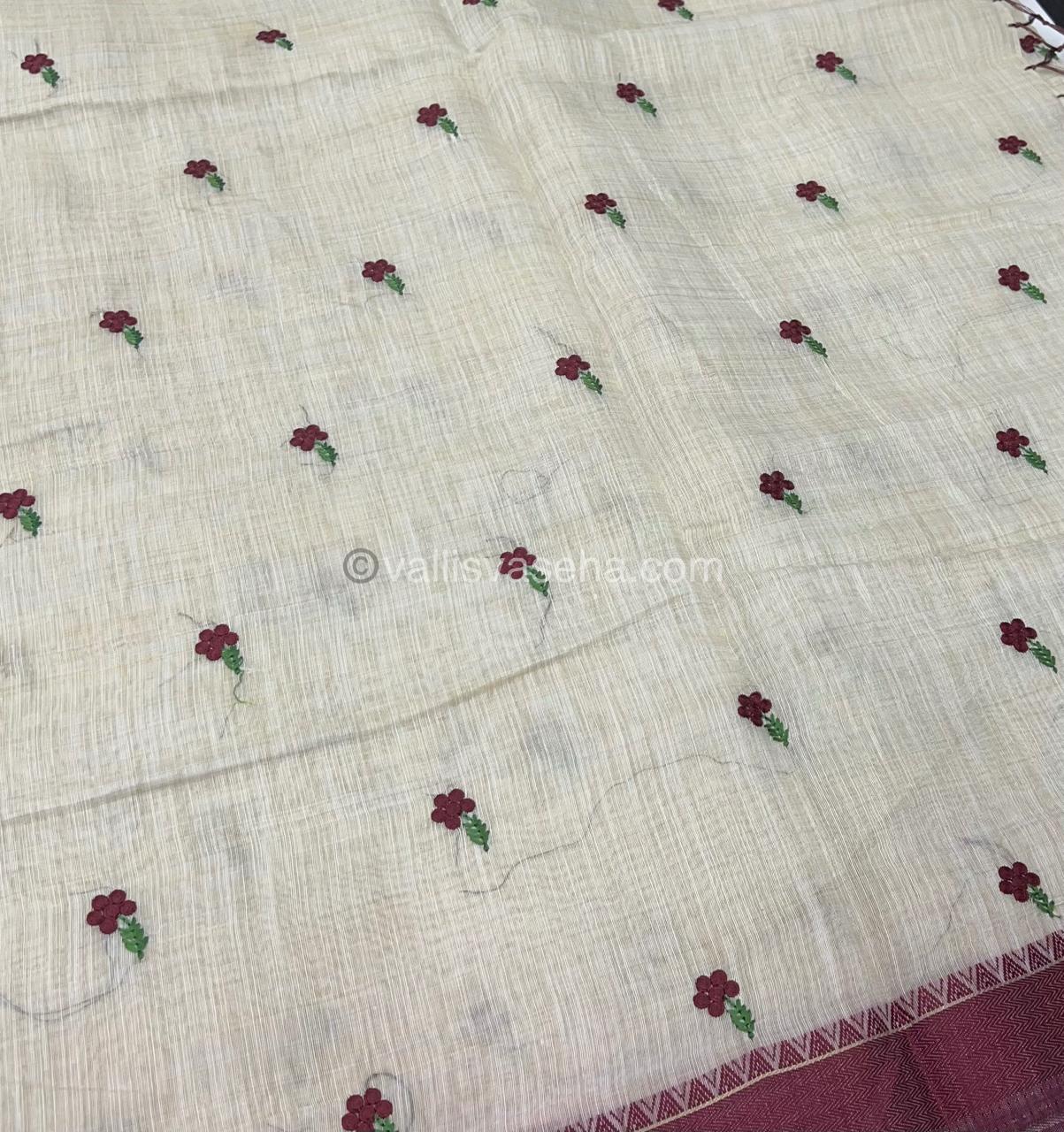 Semi Tussar Embroidery - Cream with Merun Combo - VVSTE001