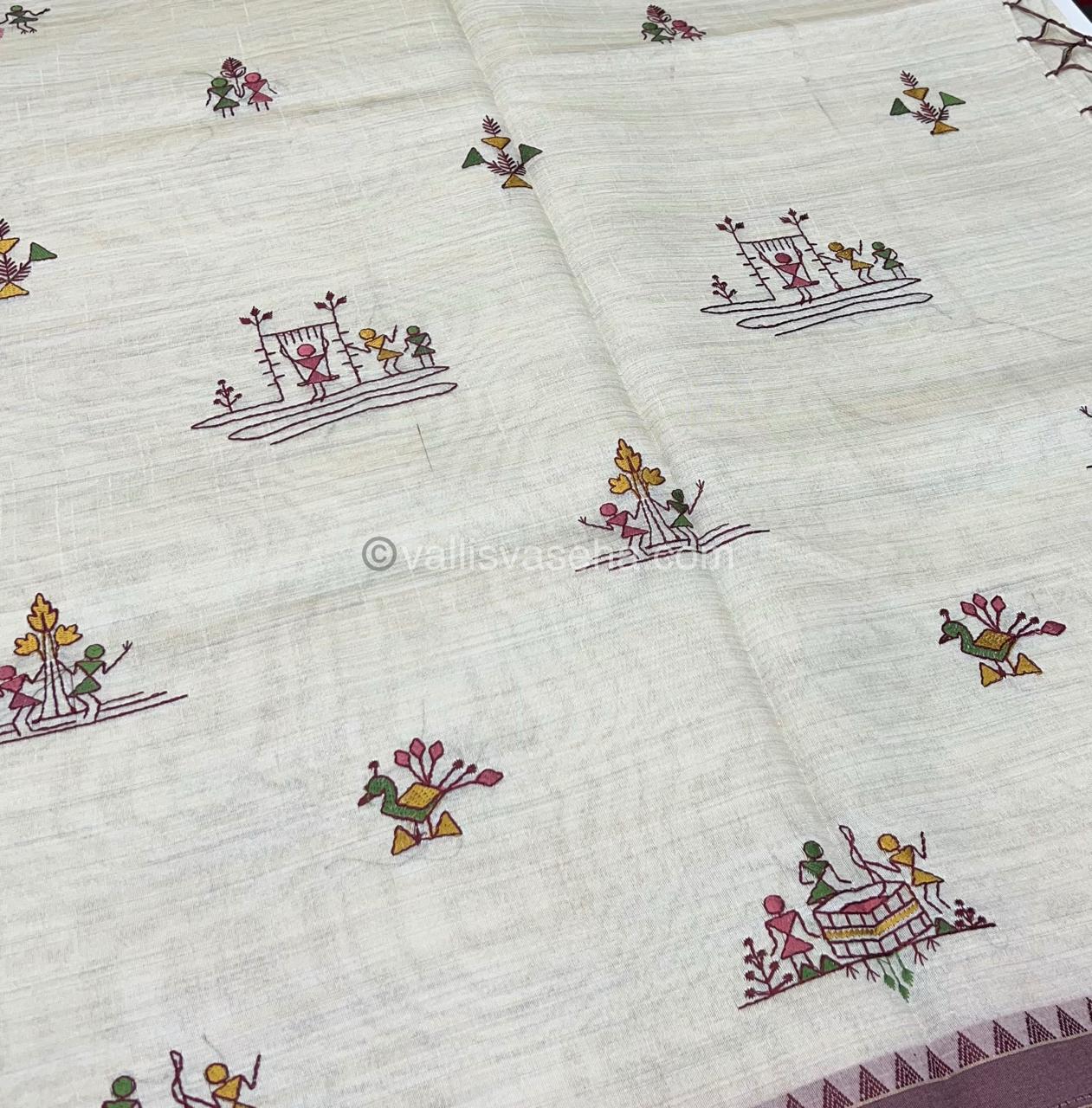 Semi Tussar Embroidery - Cream with Merun Combo - VVSTE001