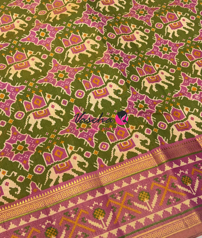 Semi Patola / Art Silk Saree - Green With Pink Combo - VVSPS001