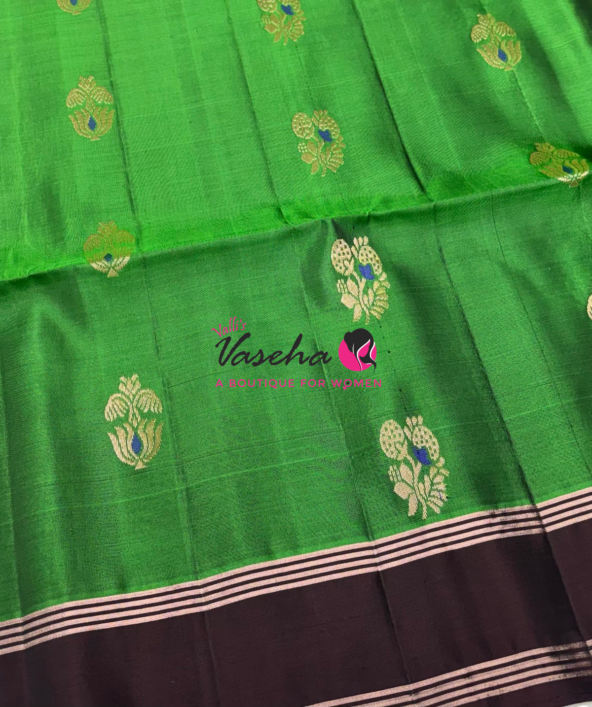 Half Mix - Pure Soft Silk Saree - Meenakari Style Butta - Green With Brown - VVPSS148