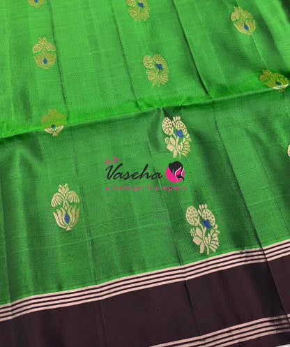 Half Mix - Pure Soft Silk Saree - Meenakari Style Butta - Green With Brown - VVPSS148