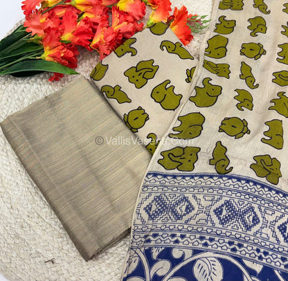 Unstitched Salwar Material -Kalamkari & Raw Silk -Mehandhi Green Shade  - VVUSM018