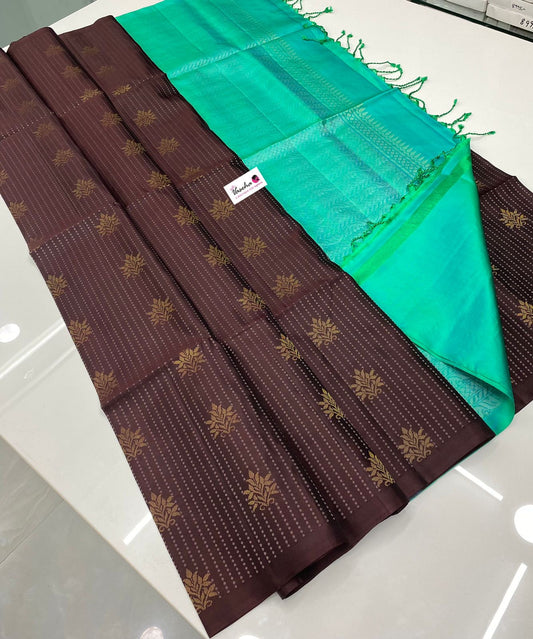 Pure Soft Silk Saree - Vaira Voosi design - Brown with Teal Bluish Green Combo - VVPSS016