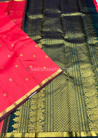 Pure Kanchipuram Silk Saree - Orangish Peach  with Green - VVPS005