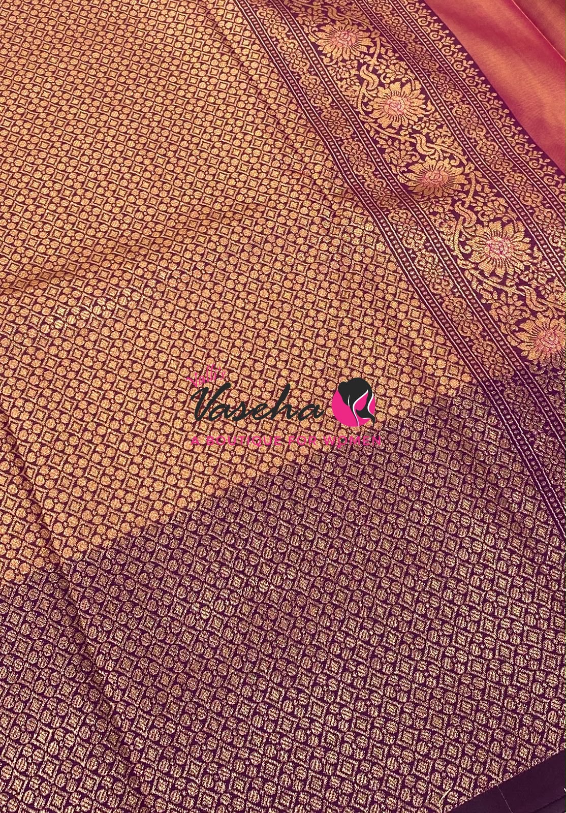 Semi Soft Silk - Peachish Pink With Purple Combo -VVSSS039