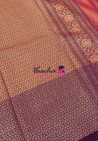 Semi Soft Silk - Peachish Pink With Purple Combo -VVSSS039