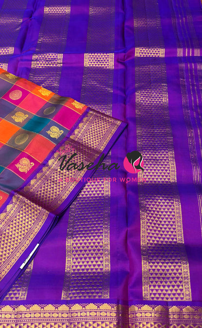 Pure Korvai Kanchipuram Silk Saree - Pazhum Pazhamum Checks - 10 Yards - VVPSTY001