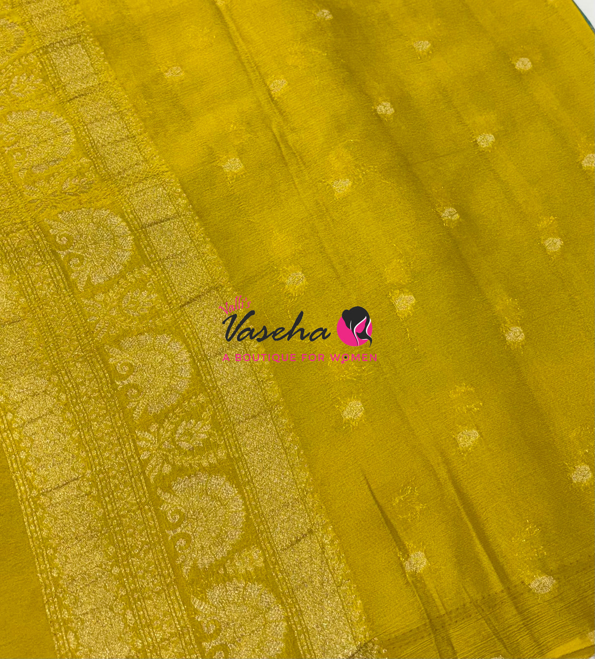 Banarasi Georgette Saree - Blue With Lemon Yellow Combo - VVBGS002