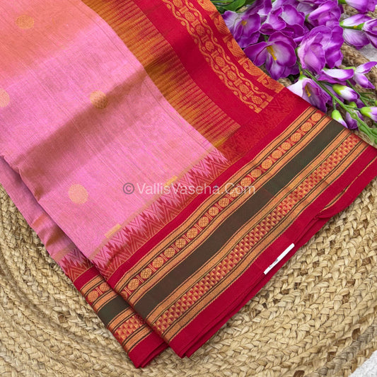 Pure Korvai Silk Cotton - Checks Pattern - Peach  with Red Shade  - VVKSC015