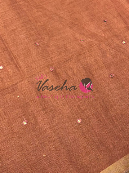 Linen Tissue Saree - Mirror Work Embroidery - Peach With Mustard Yellow Shade - VVLTS001