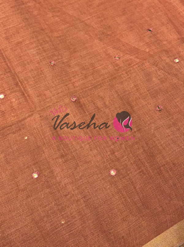 Linen Tissue Saree - Mirror Work Embroidery - Peach With Mustard Yellow Shade - VVLTS001