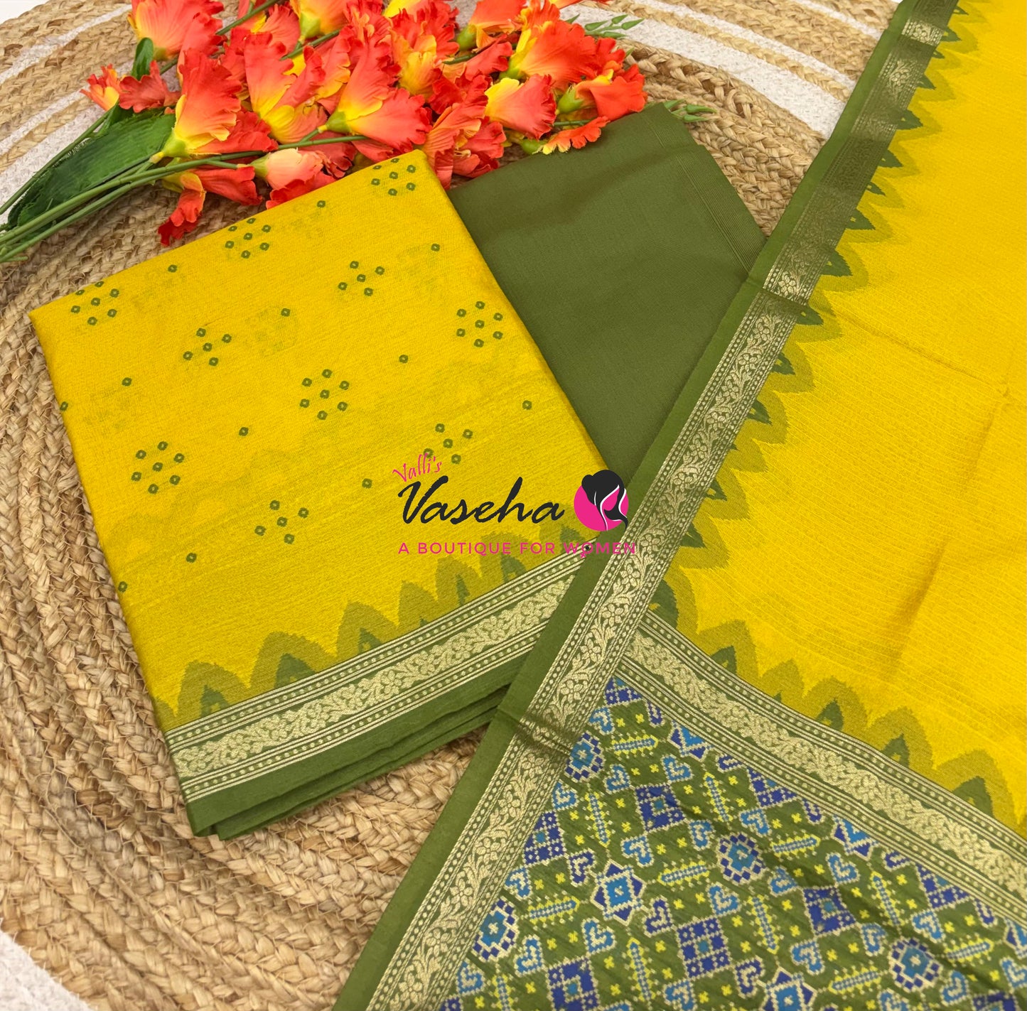 Unstitched Raw Silk Material  | Yellow & Green | VVUSM082