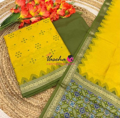 Unstitched Raw Silk Material  | Yellow & Green | VVUSM082